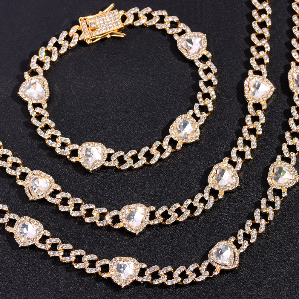 Heart Rhinestone Cuban Necklace/Bracelet/Anklet