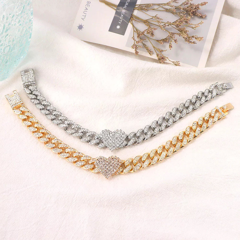 Rhinestone Cuban Link Heart Anklet