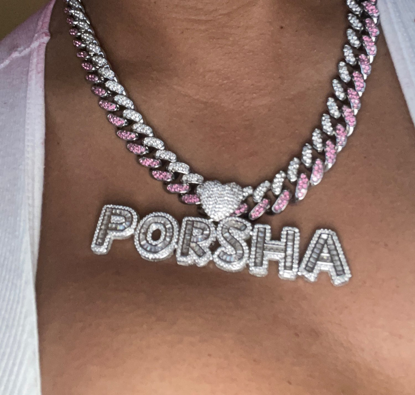 Heart Rhinestone Name Pink Cuban Necklace