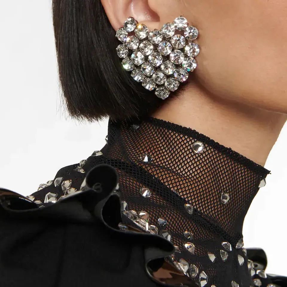 Rhinestone Heart Earrings (Clip On)