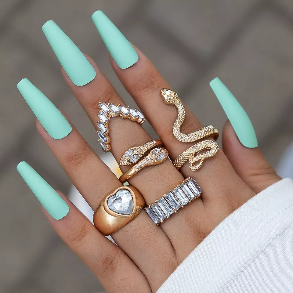Rhinestone Snake 5 Piece Ring Set