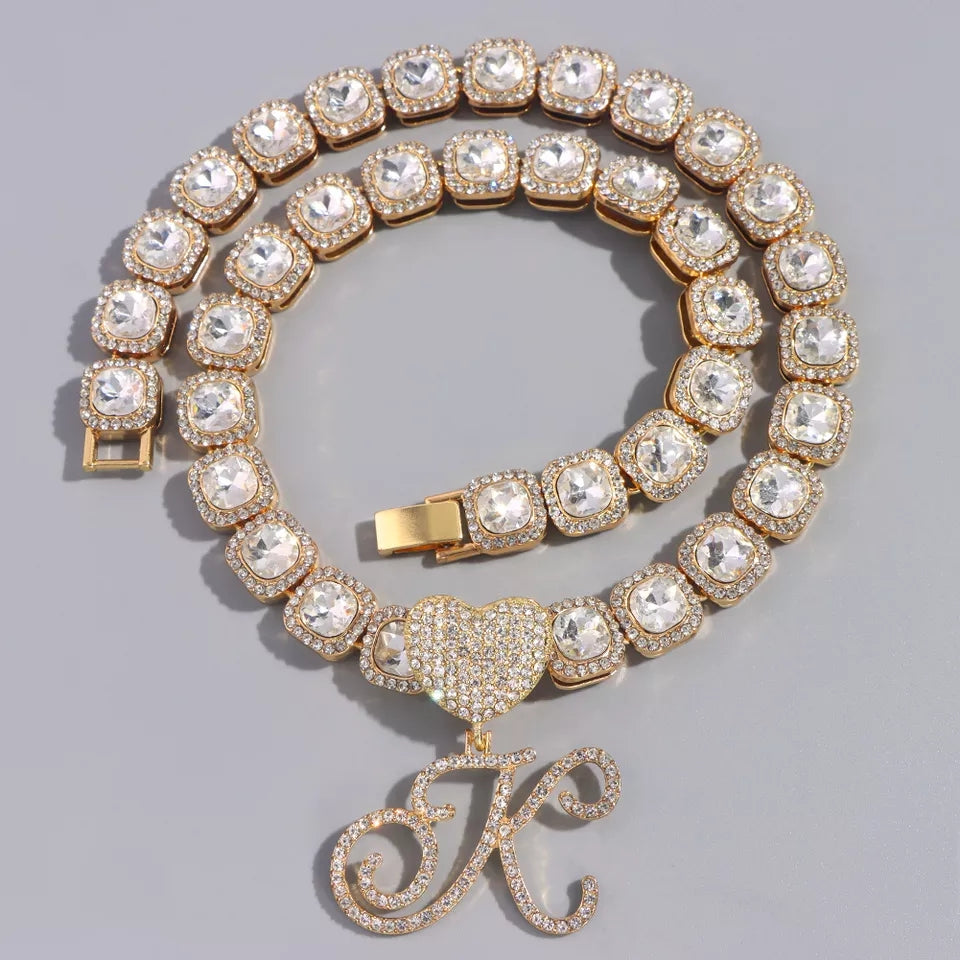 Heart Rhinestone Initial Baguette Necklace