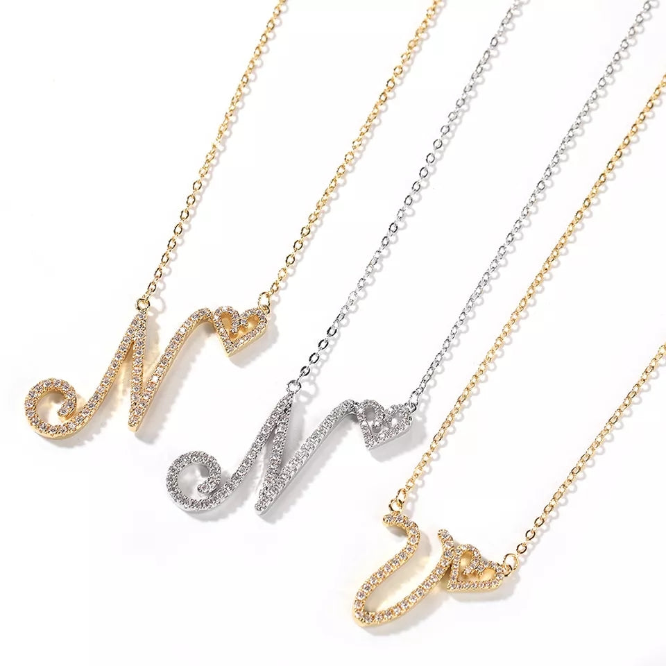 Dainty Heart Rhinestone Initial Necklace