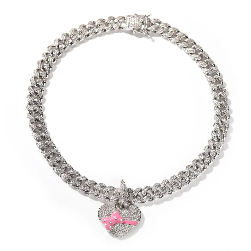 Bow Heart Cuban Link Necklace