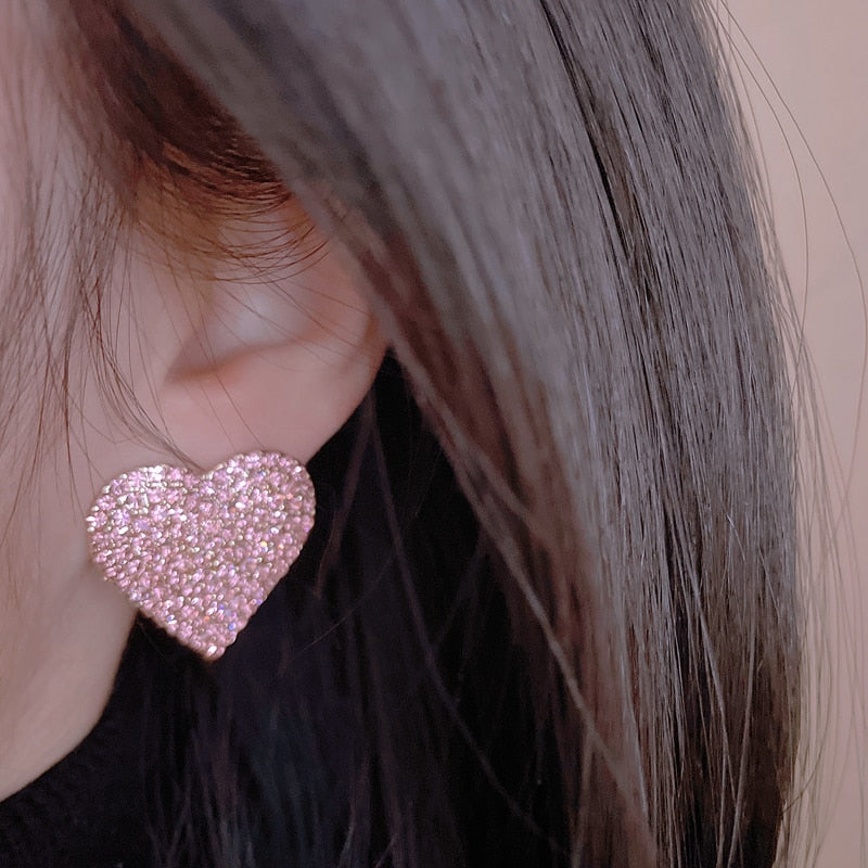 Pink Rhinestone Heart Stud Earrings