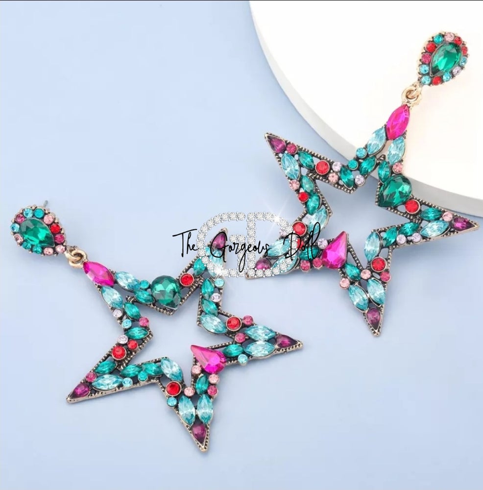 Multi Colored Rhinestone Star Earrings