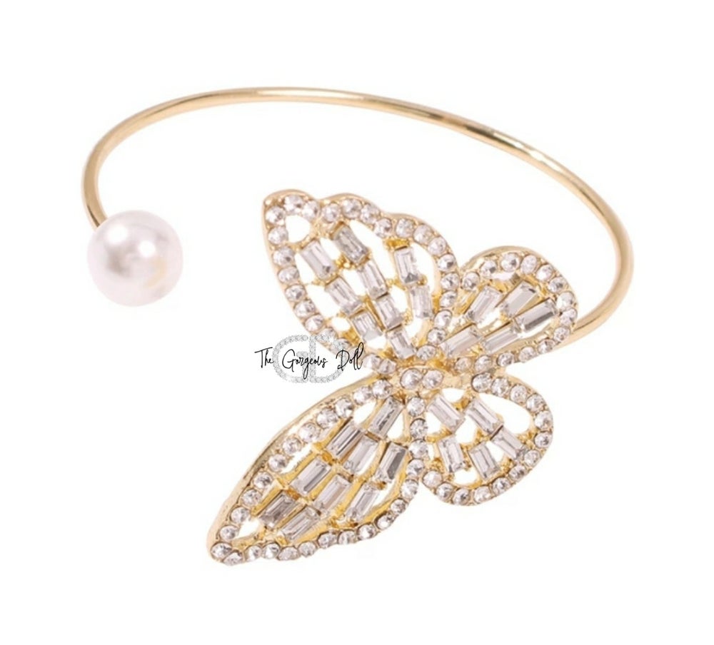 "So Classy" Rhinestone & Pearl Butterfly Bangle