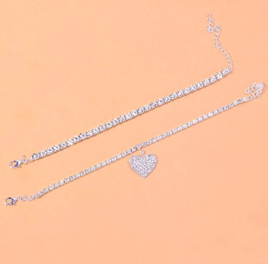 2 piece Rhinestone Heart Anklet Set