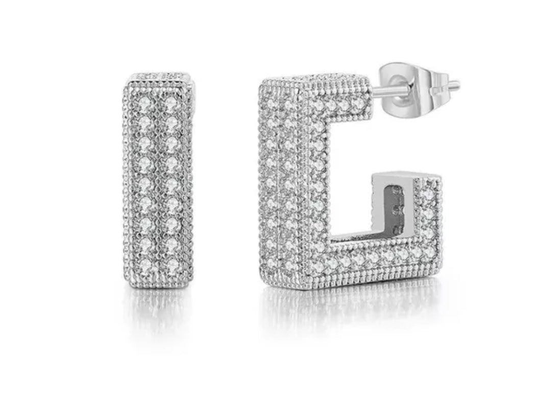 Rhinestone Square Deco Geometric Hoop Earrings