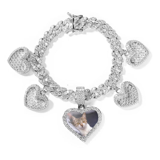 Cuban 4 Heart Photo Charm Bracelet