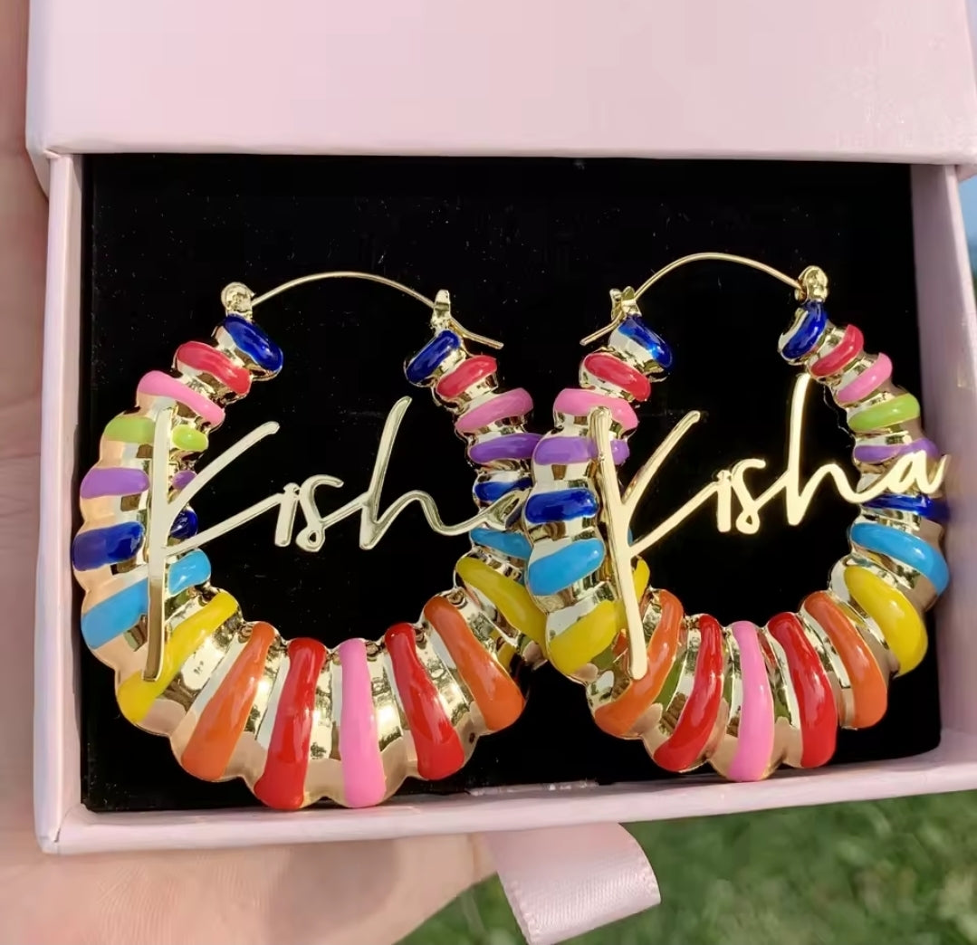 Rainbow Enamel Custom Name Hoops
