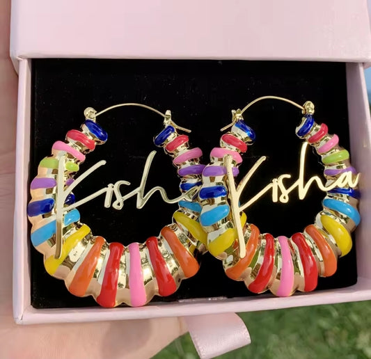 Rainbow Enamel Custom Name Hoops