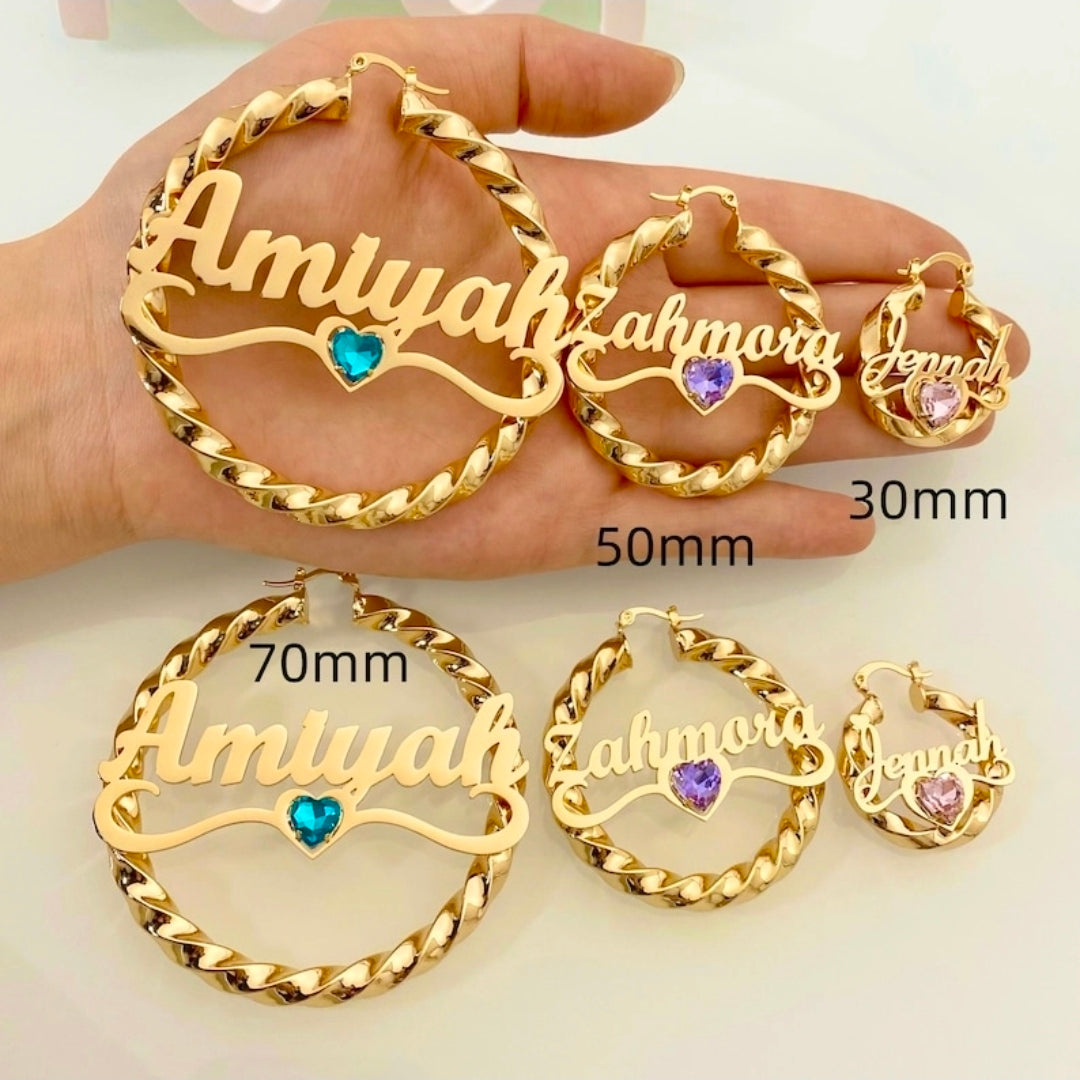 Rhinestone Heart Twisted Name Hoops