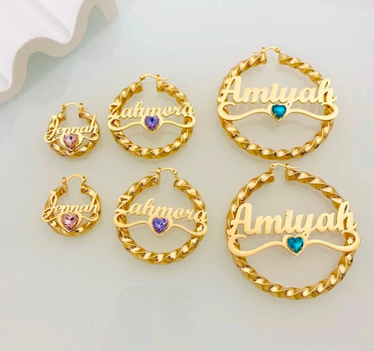 Rhinestone Heart Twisted Name Hoops