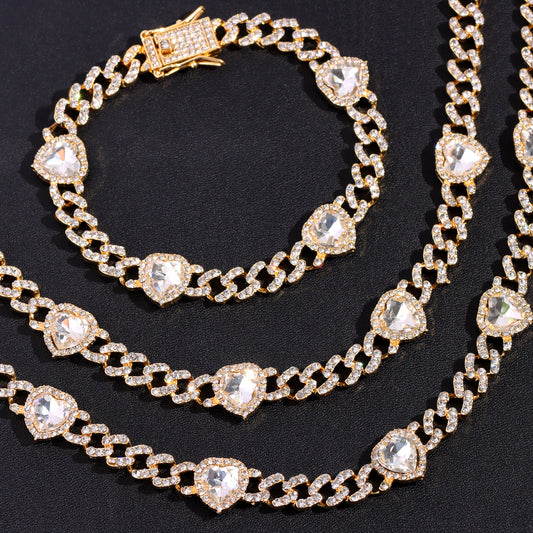 Heart Rhinestone Cuban Necklace/Bracelet/Anklet