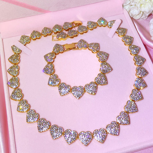 Rhinestone Heart Necklace & Bracelet Set