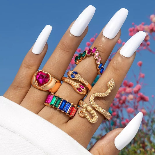Rhinestone Snake 5 Piece Ring Set