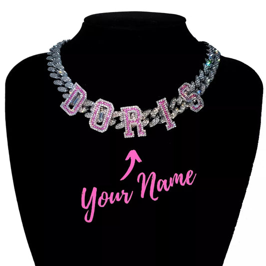 Custom Pink Rhinestone Name Cuban Necklace