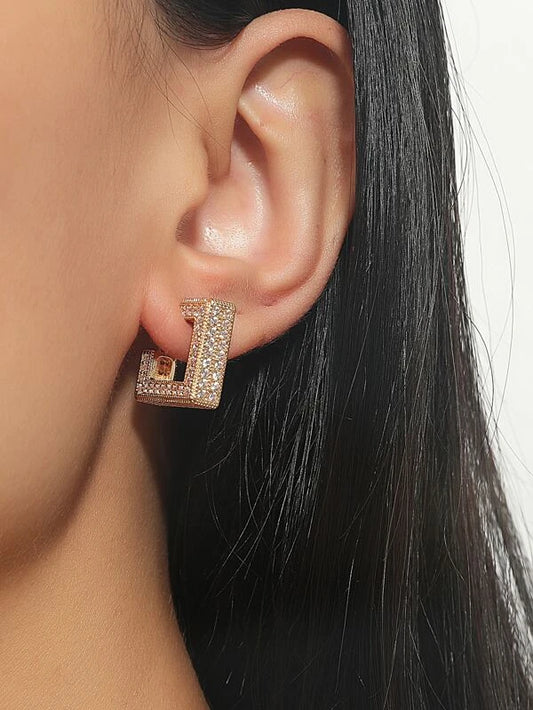 Rhinestone Square Deco Geometric Hoop Earrings