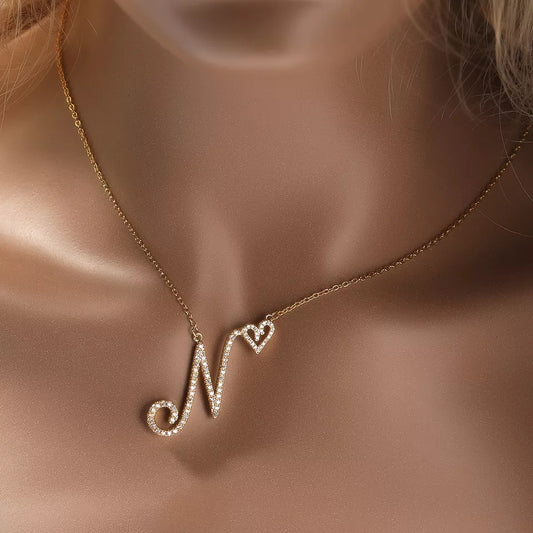 Dainty Heart Rhinestone Initial Necklace