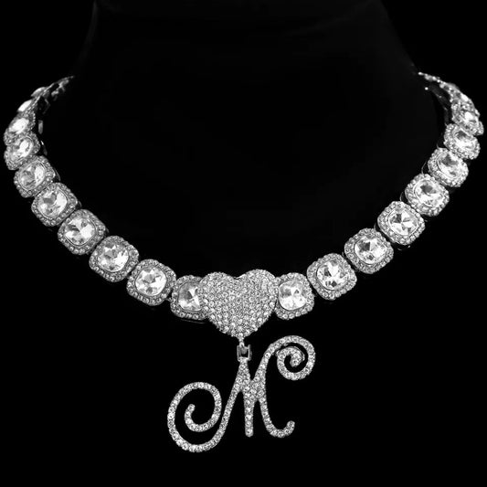 Heart Rhinestone Initial Baguette Necklace