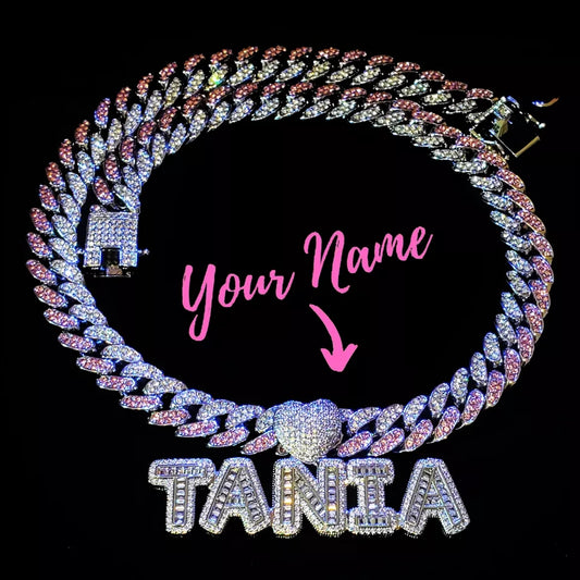 Heart Rhinestone Name Pink Cuban Necklace