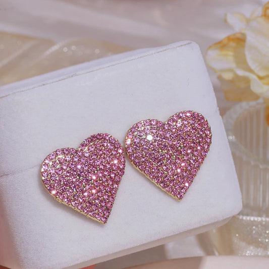 Pink Rhinestone Heart Stud Earrings