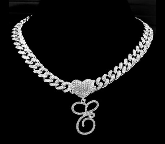Heart Rhinestone Initial Cuban Necklace