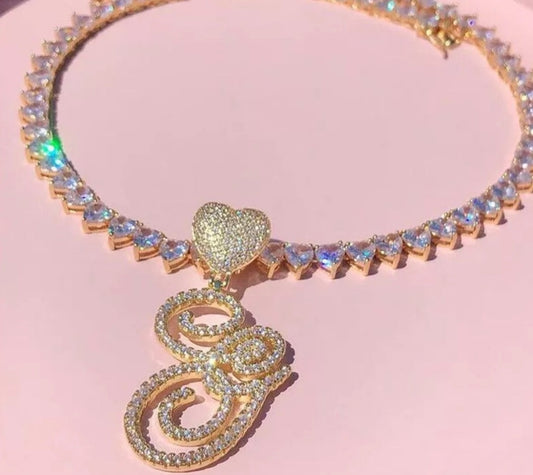 Custom Heart Initial Rhinestone Necklace